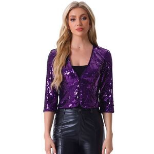 Sequin Jacket 3/4 Sleeve Open Front Party Shiny Glitter Shrug Blazer Dark Purple
